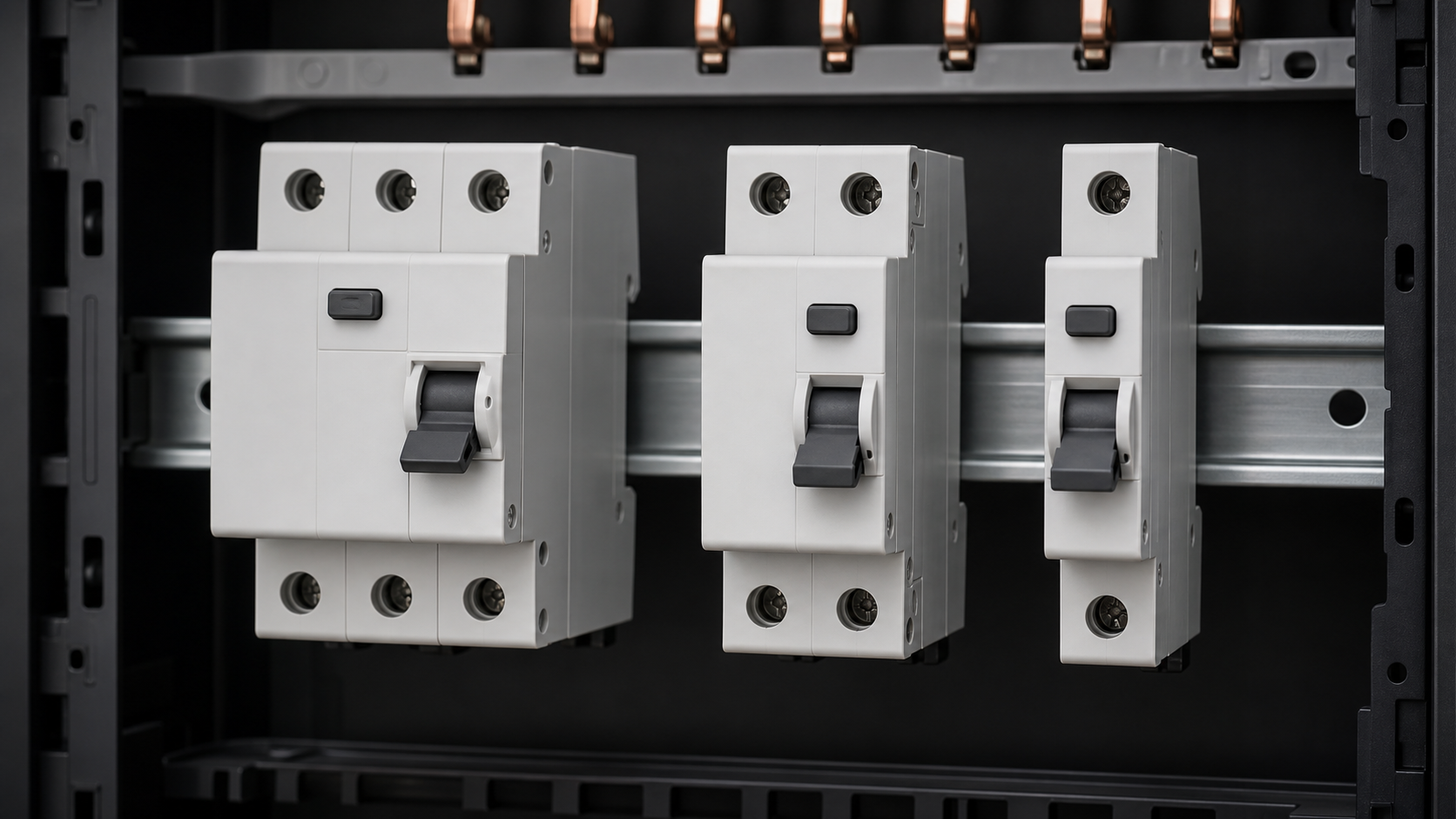 RCCB and compact branch-circuit RCBO-style devices arranged side by side on a DIN rail