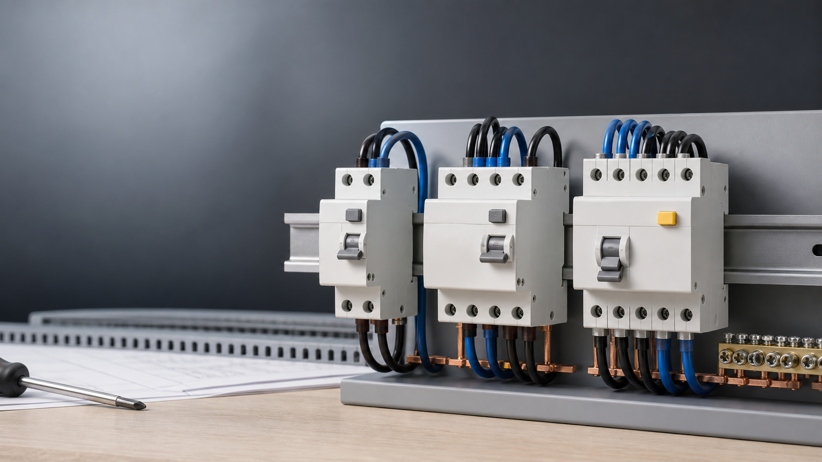 Three unbranded residual-current protection device form factors installed in a low-voltage distribution cabinet