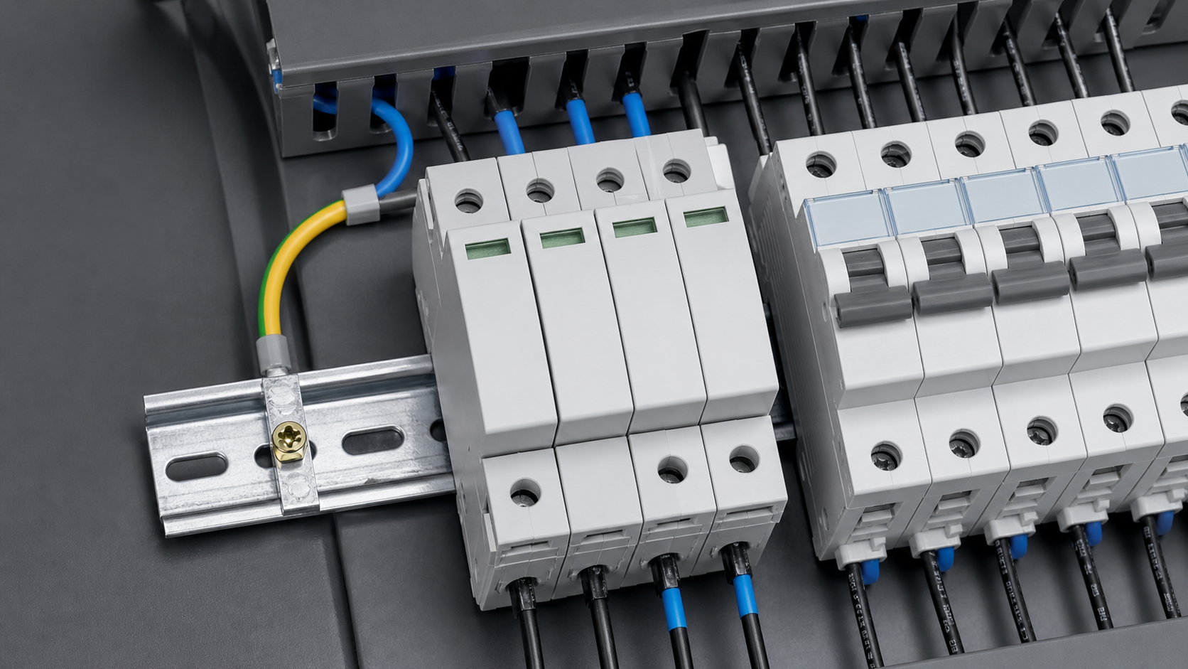 Unbranded surge protective modules beside an adjacent breaker and short earthing conductor