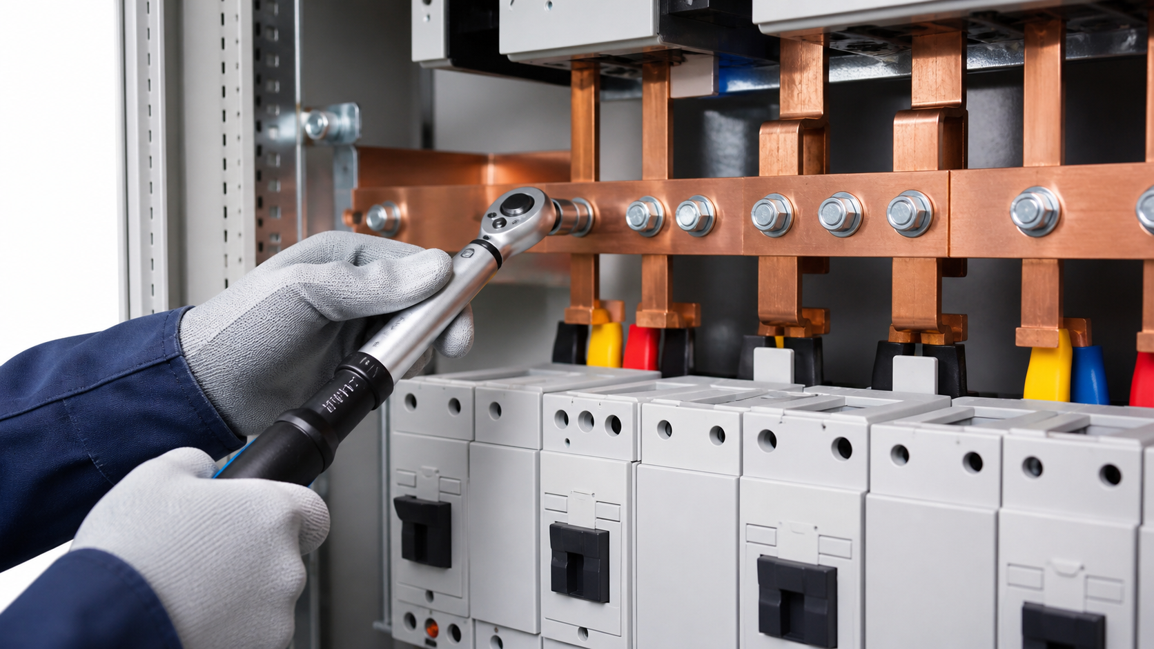 Torque-controlled inspection of a copper busbar connection inside a low-voltage distribution cabinet