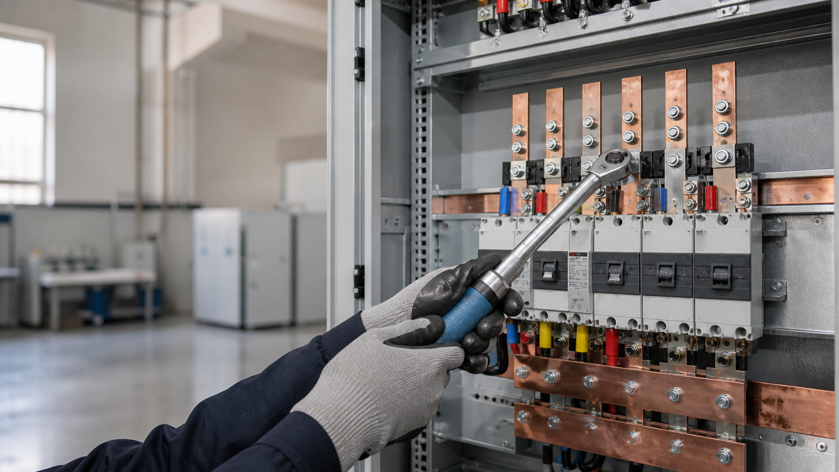 Open industrial low-voltage distribution assembly with structured circuit layout and clear service space