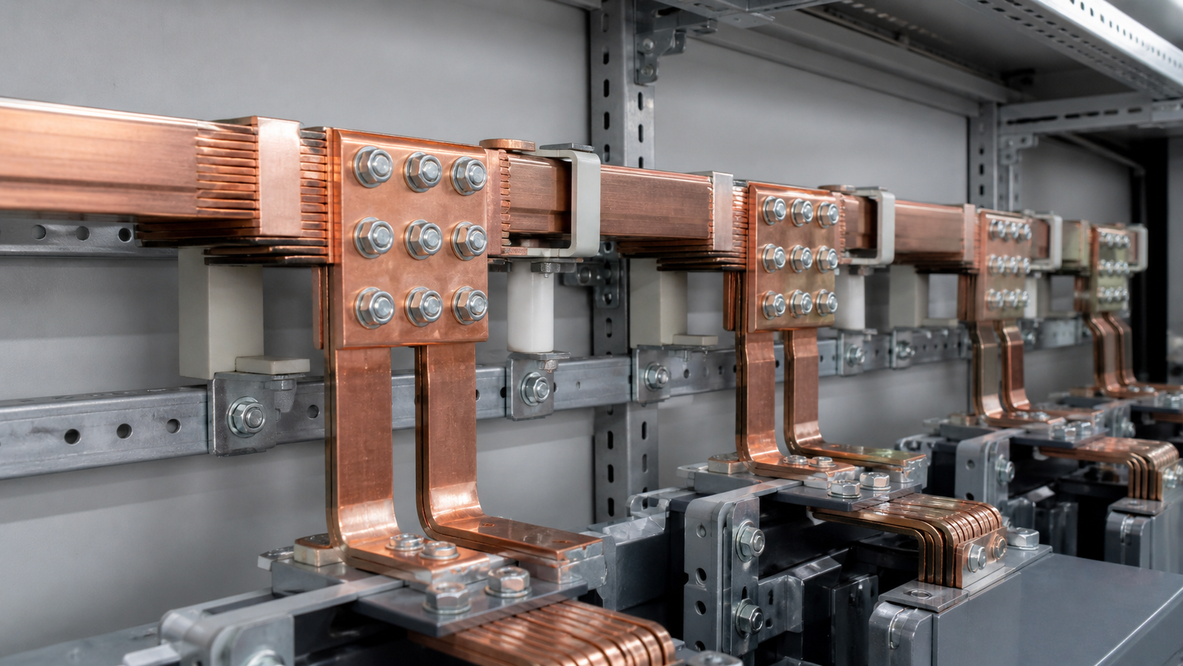 Copper busbar joints, insulated supports and branch connection hardware inside a low-voltage cabinet