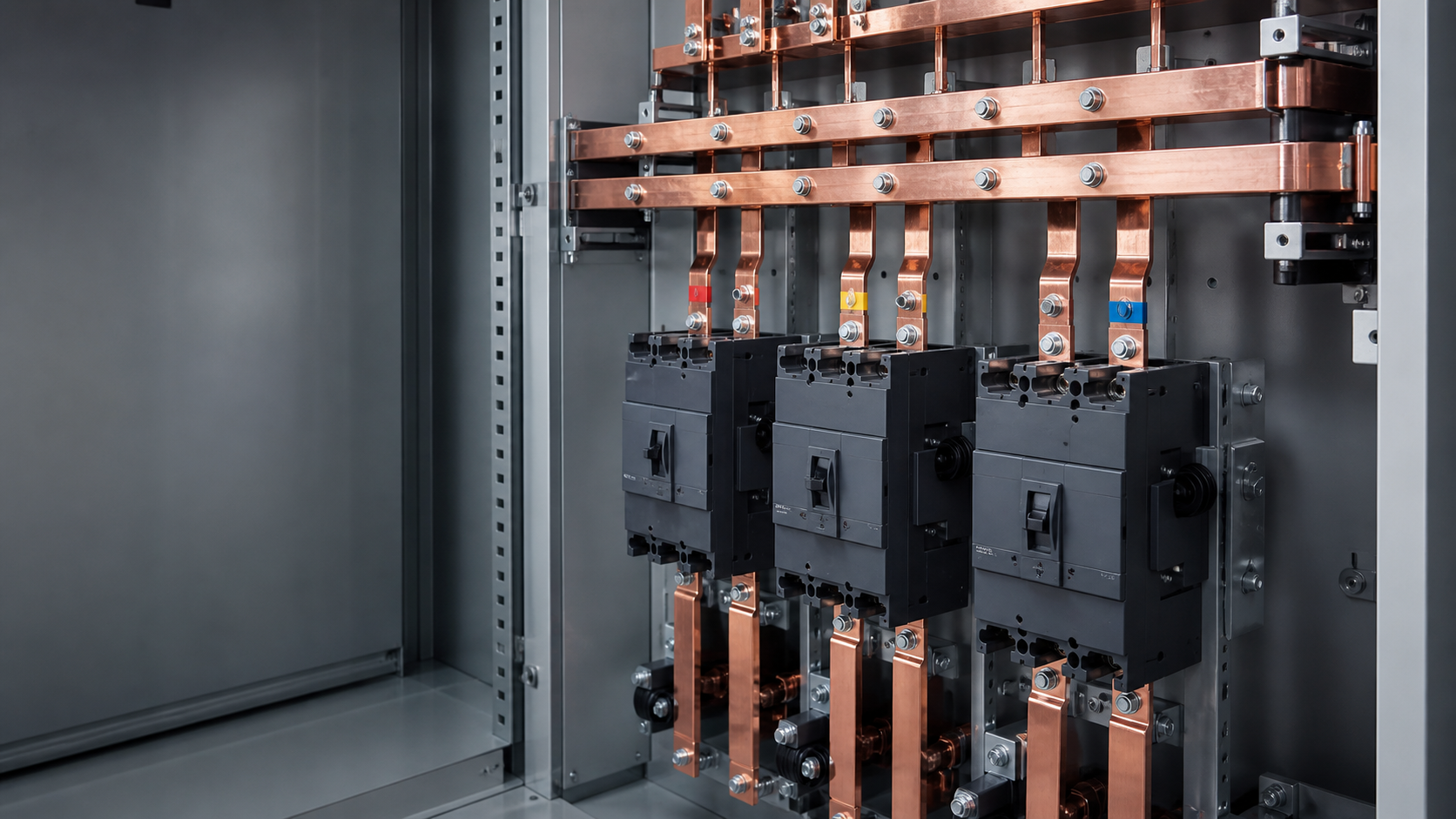 Copper busbar system and outgoing circuit breakers inside a low-voltage switchgear cabinet