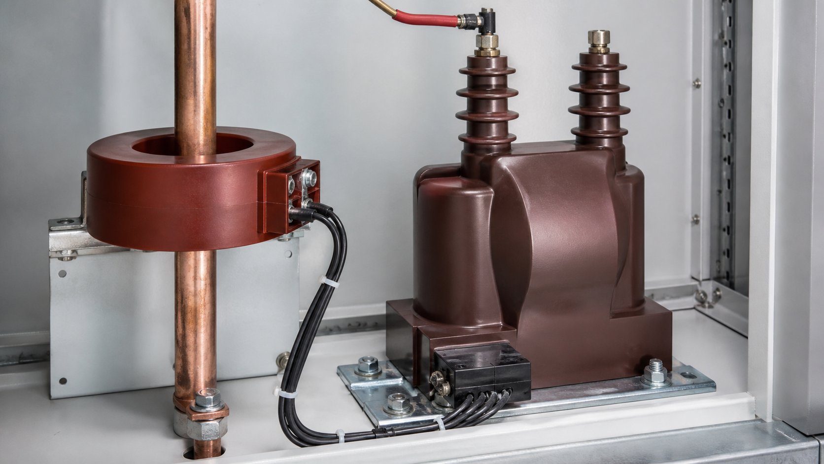 Ring current transformer on a copper conductor beside a compact potential transformer assembly