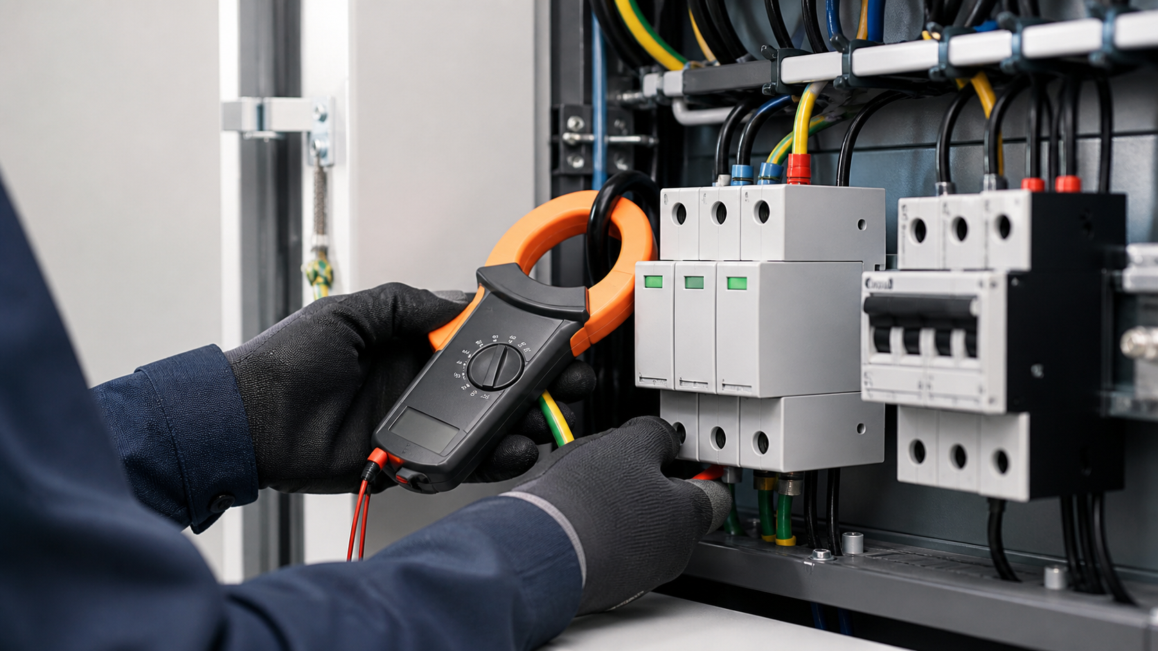 De-energized surge protection branch checked with a clamp meter beside the upstream breaker