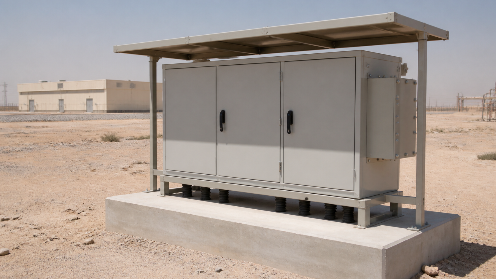 Unbranded weather-protected electrical enclosure on a concrete plinth in an arid industrial setting
