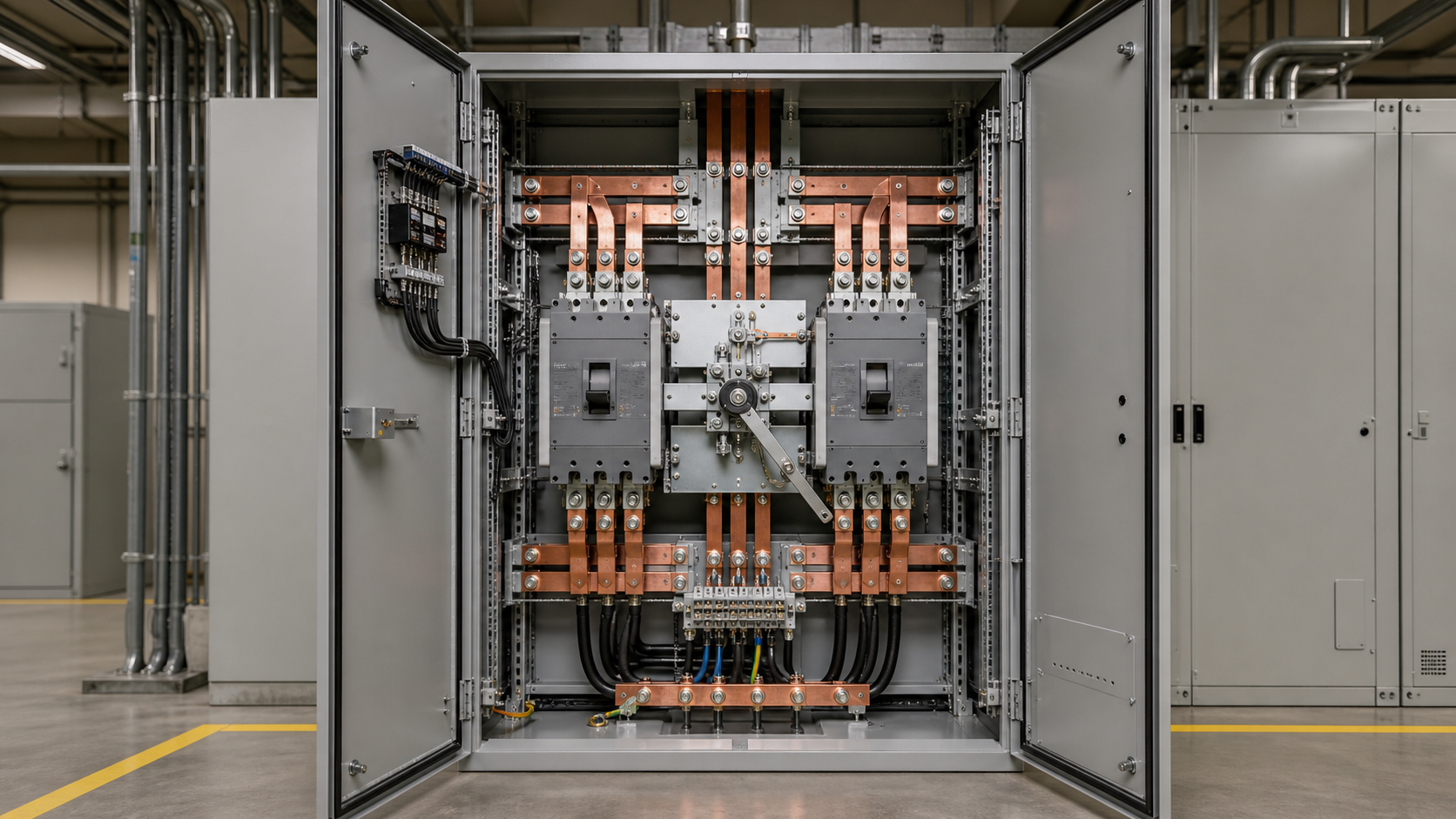 Unbranded automatic transfer switch cabinet with dual supply paths in a clean industrial plant room