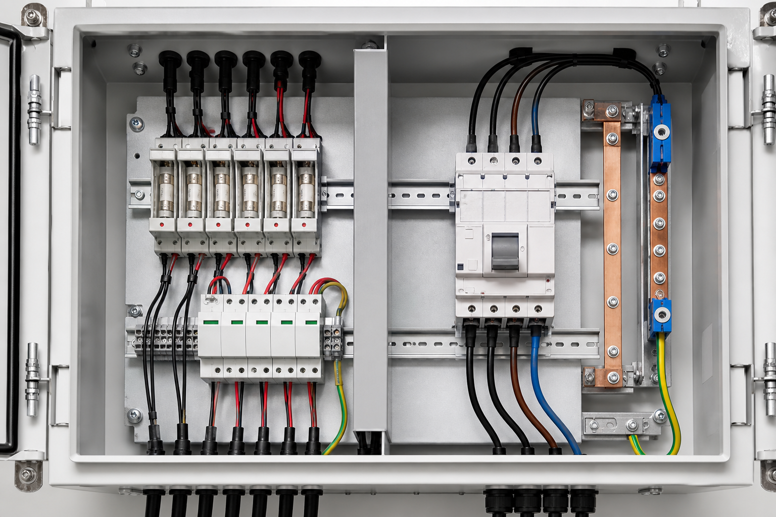 Low-voltage cabinet interior with clearly separated DC and AC protection hardware
