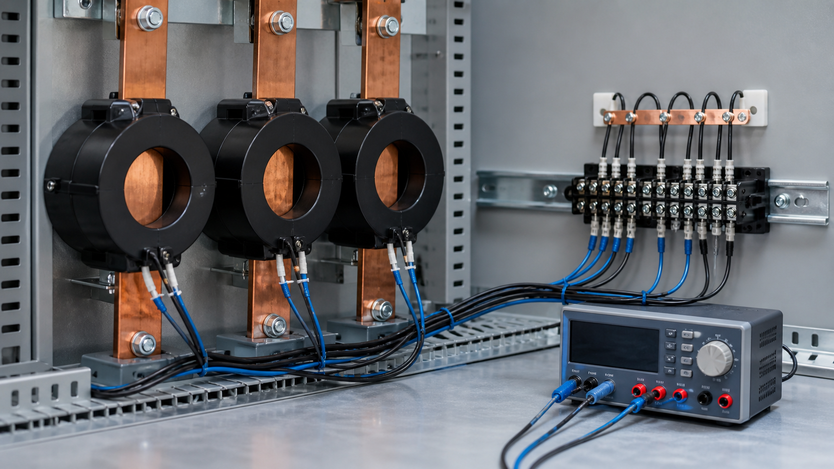 Current transformer secondary circuit with a test block and measuring instrument