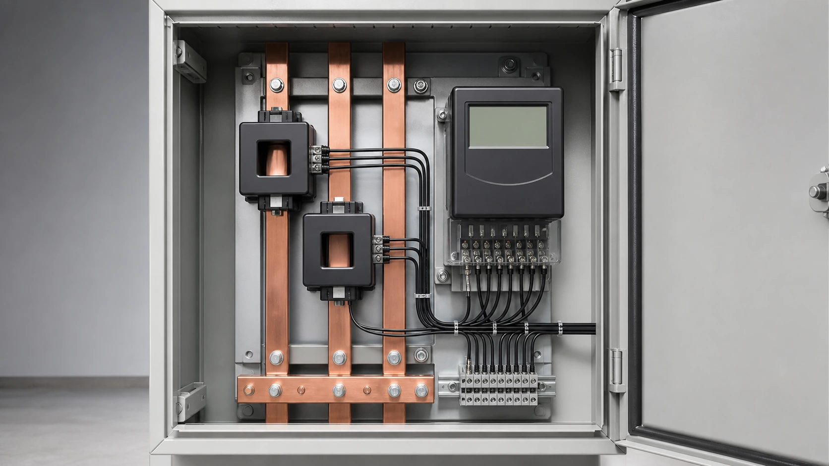 Window-type current transformers installed on copper busbars inside a metering cabinet