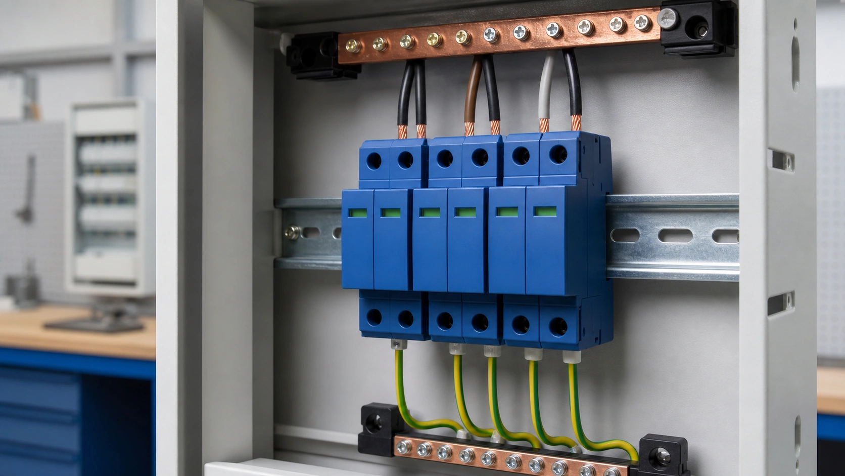 Low-voltage distribution cabinet with surge protective devices and orderly protective-earth conductors