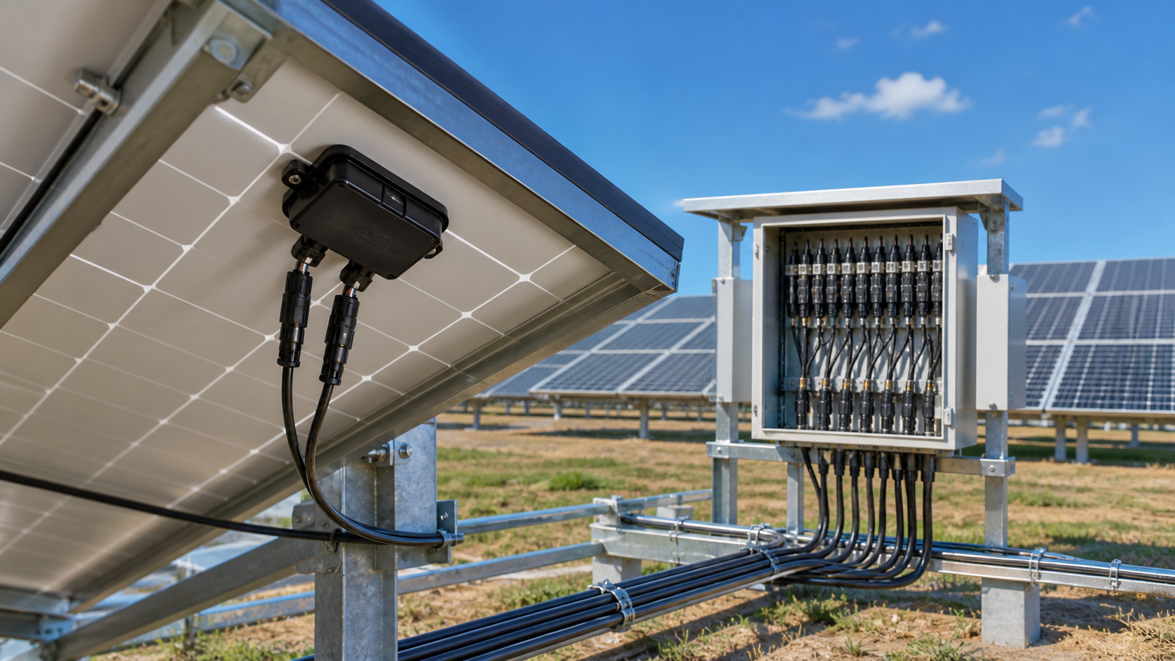 PV module junction box and open string combiner enclosure along a photovoltaic array