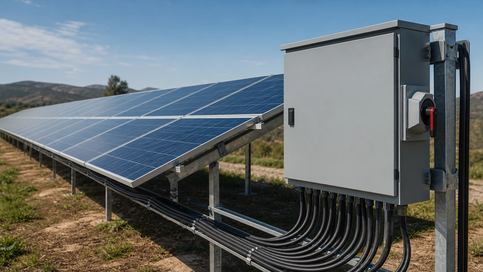 Unbranded outdoor photovoltaic combiner enclosure beside a solar array