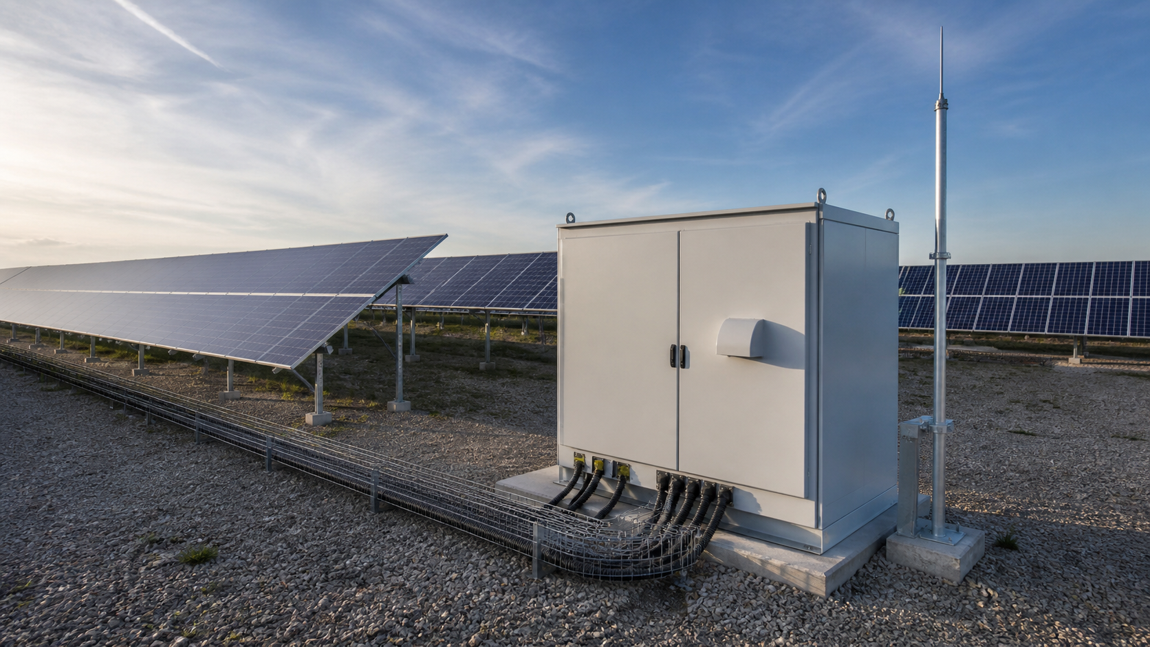 Neutral outdoor DC protection enclosure in a photovoltaic installation context
