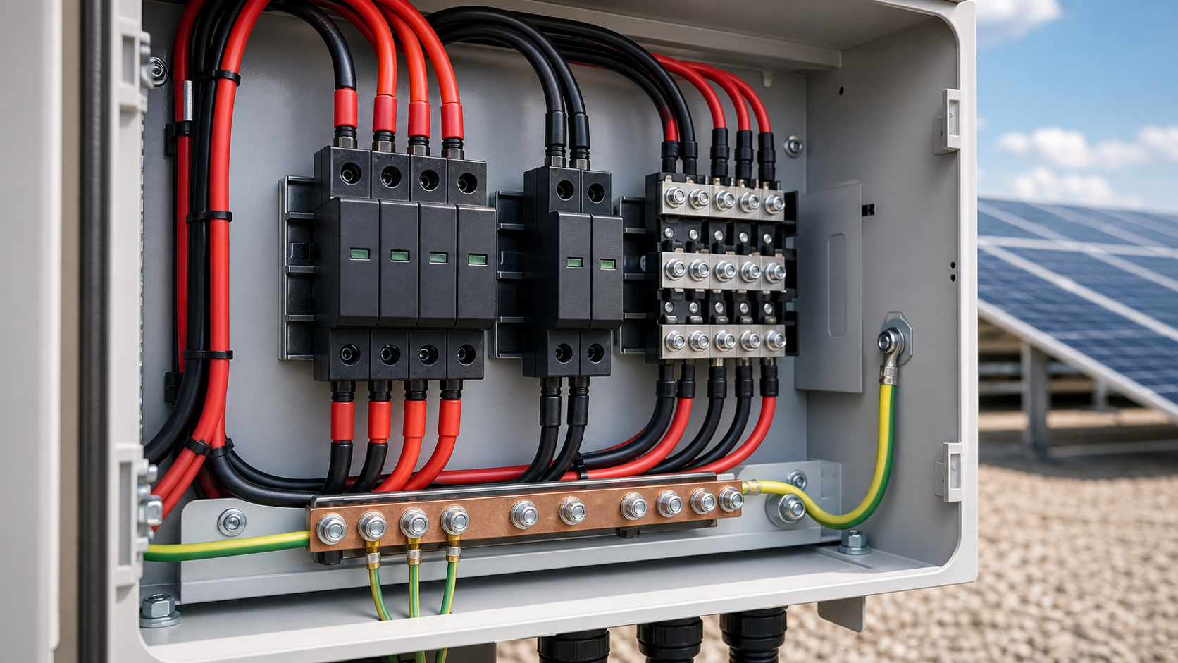 Solar DC protection enclosure with disciplined conductors, grounding and protective components