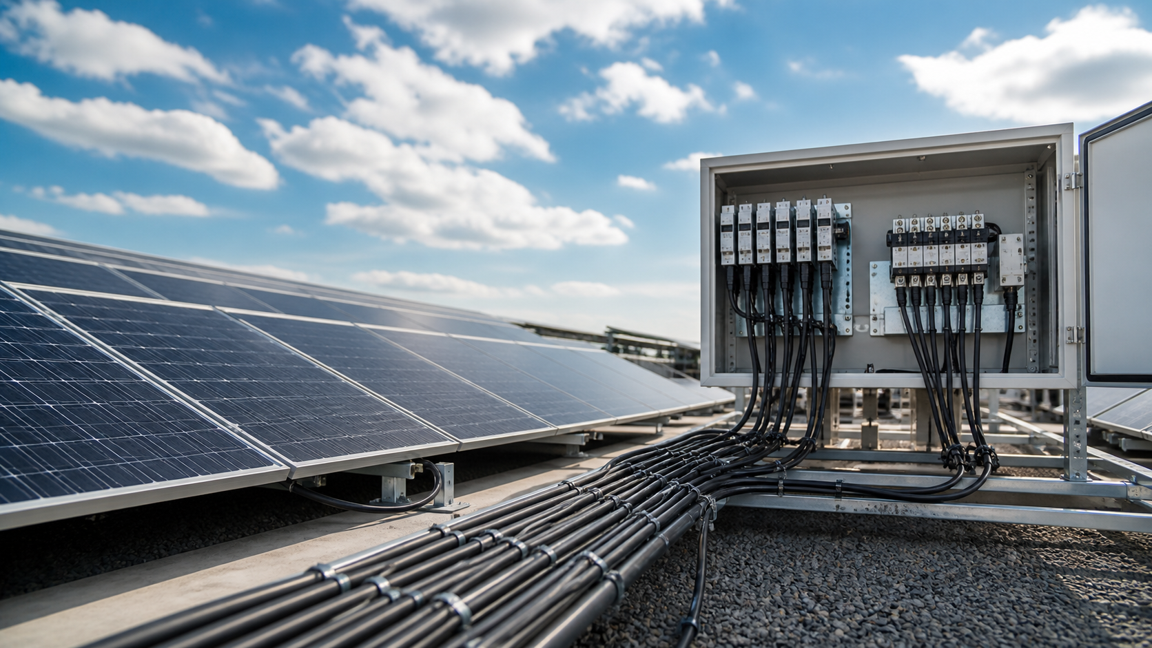 Large-format photovoltaic modules with cable runs converging into a neutral outdoor combiner enclosure