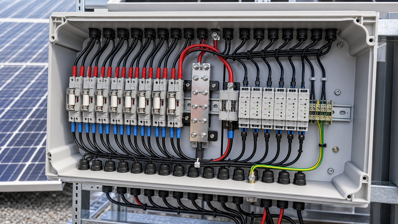 Open photovoltaic combiner enclosure with fuse holders, monitoring modules and orderly DC wiring