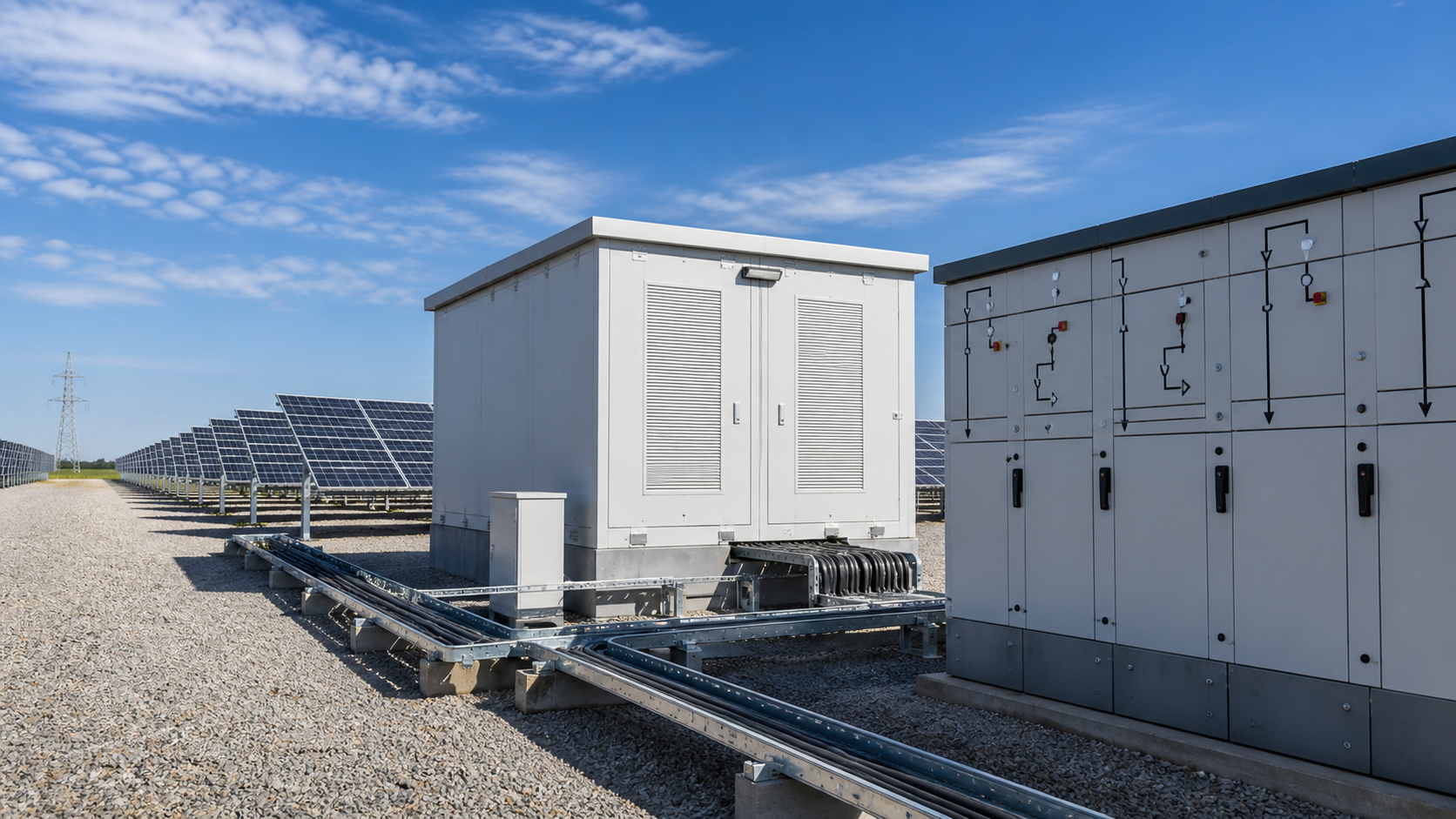 Neutral prefabricated substation and medium-voltage switchgear beside a photovoltaic field