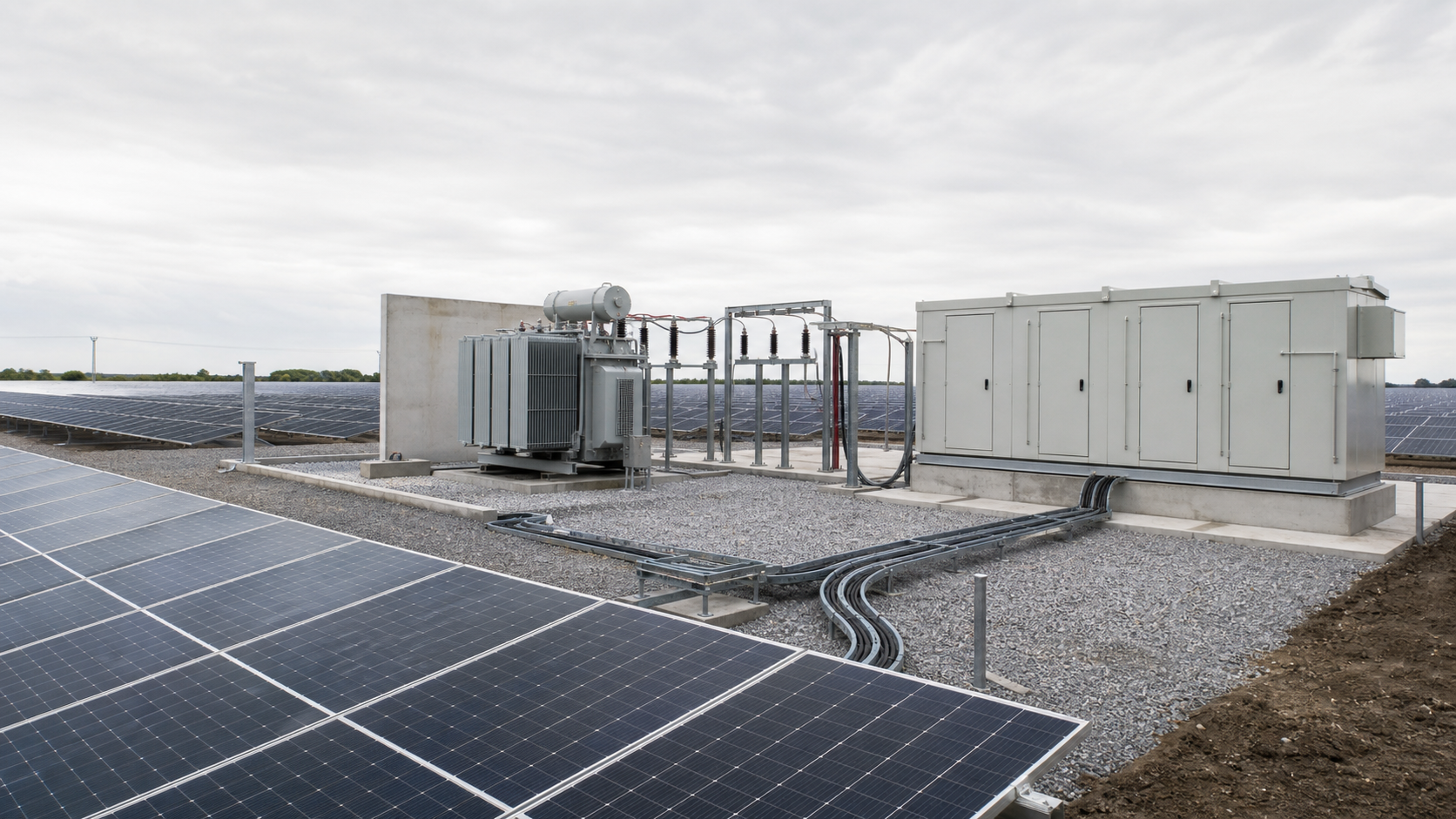 Utility photovoltaic array with a compact grid interconnection area in the distance