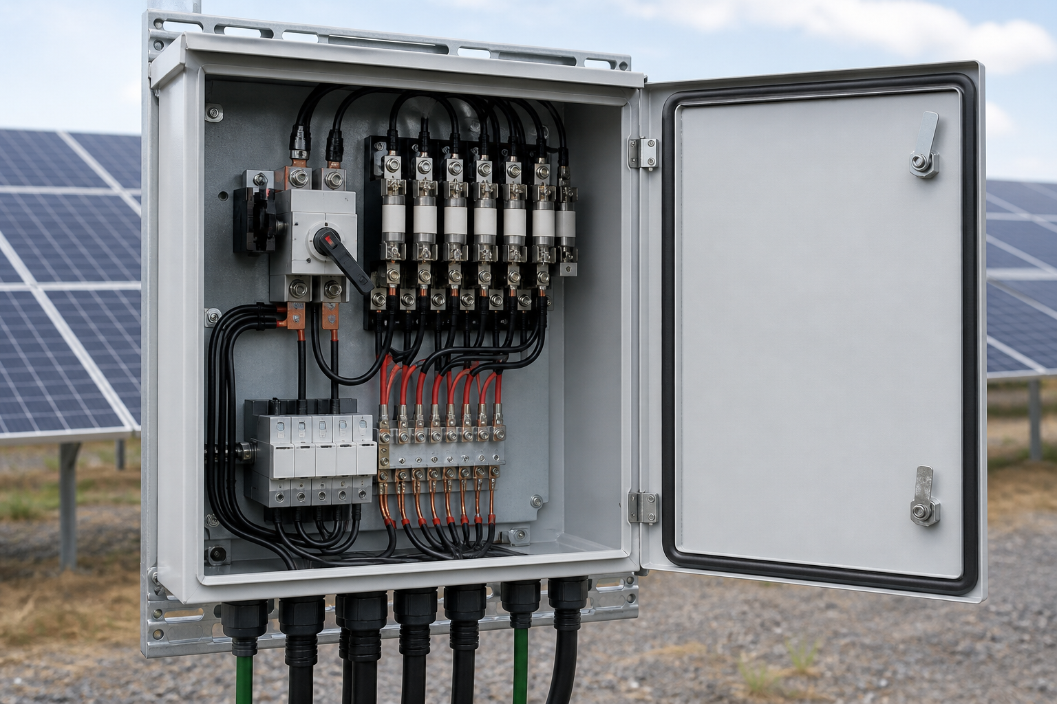 Unbranded solar combiner enclosure showing DC fuse holders, isolation and cable entries