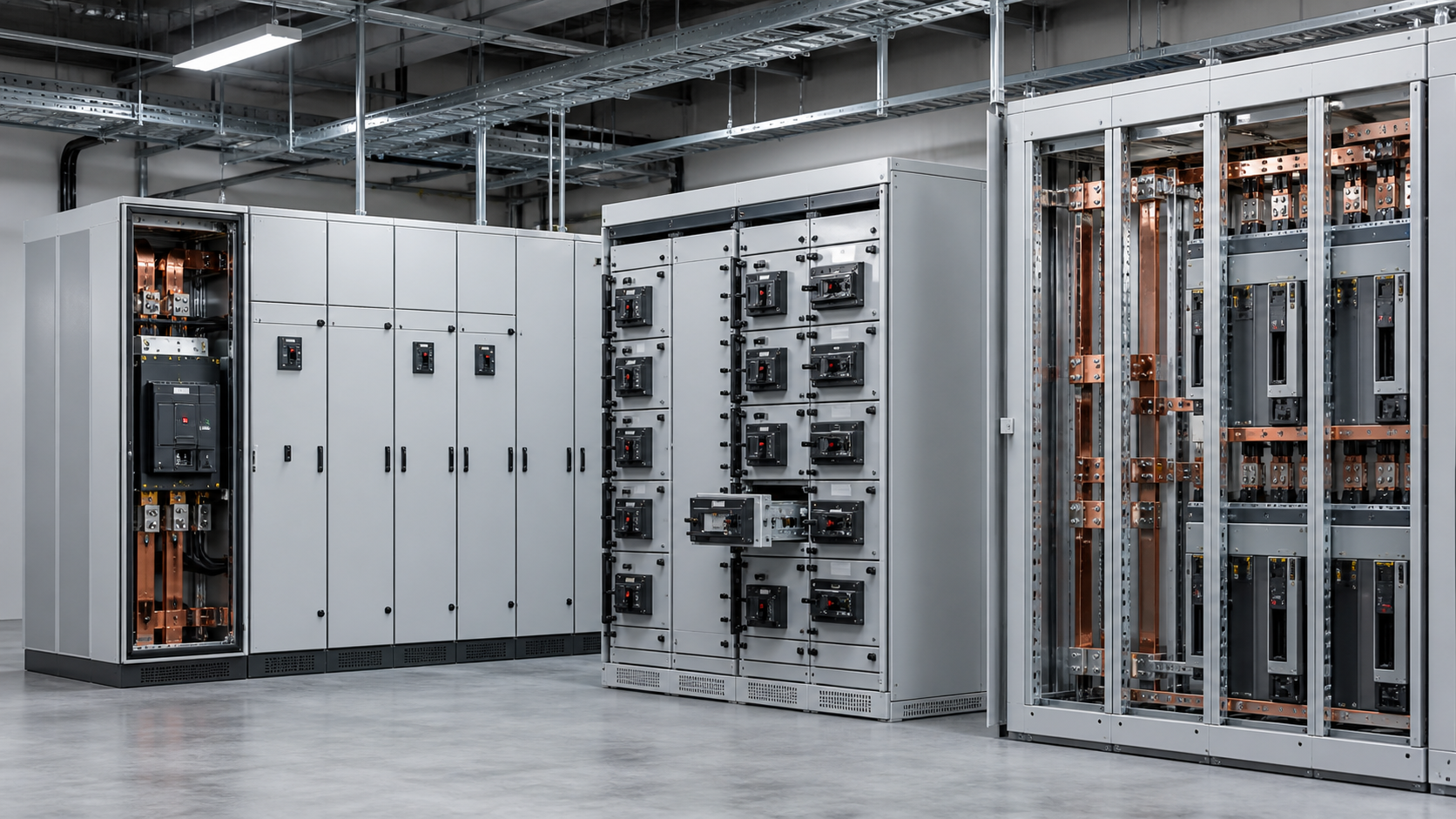 Unbranded low-voltage switchgear lineup showing fixed distribution, withdrawable feeder and modular busbar construction