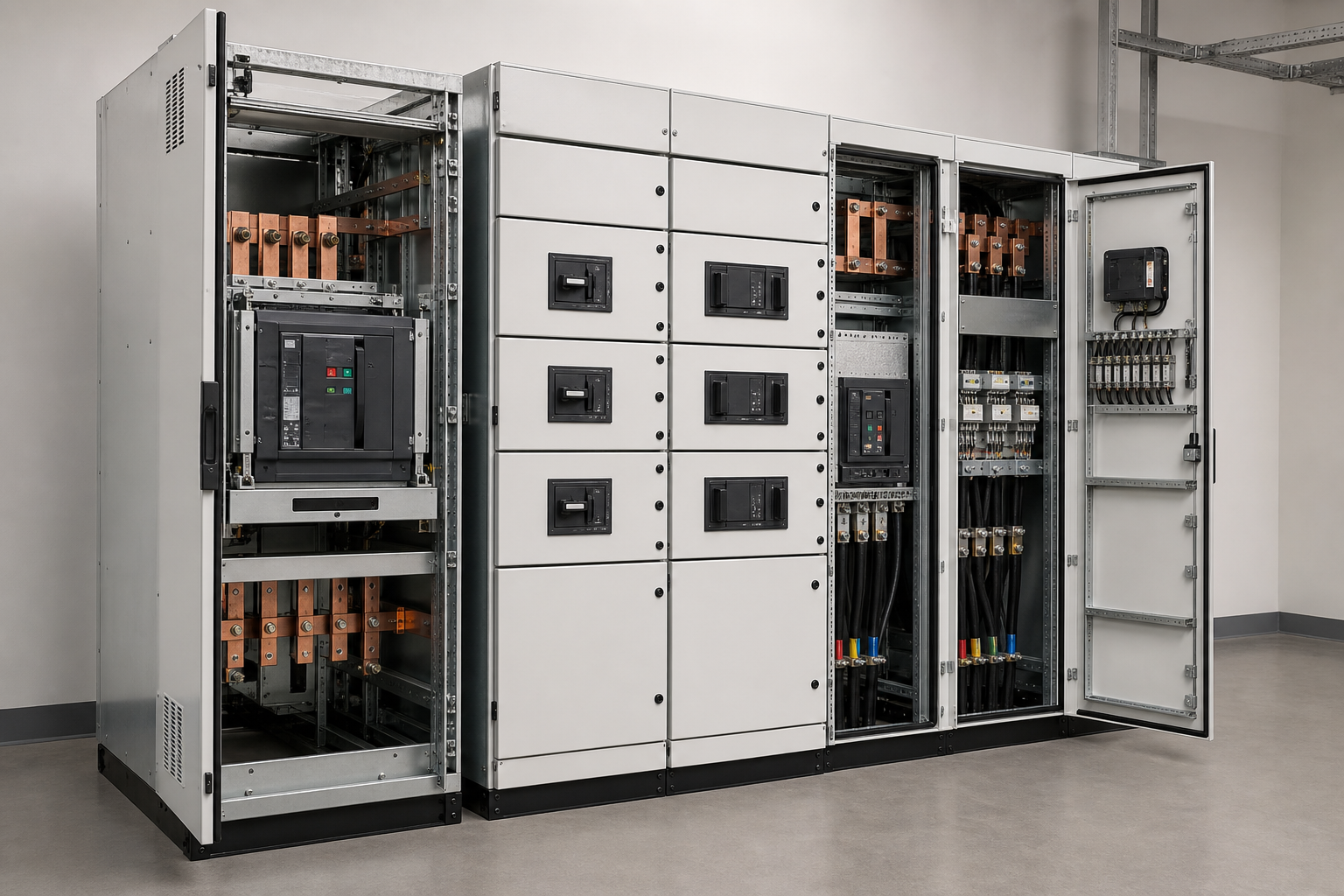 Unbranded low-voltage switchgear lineup with fixed and accessible compartment zones