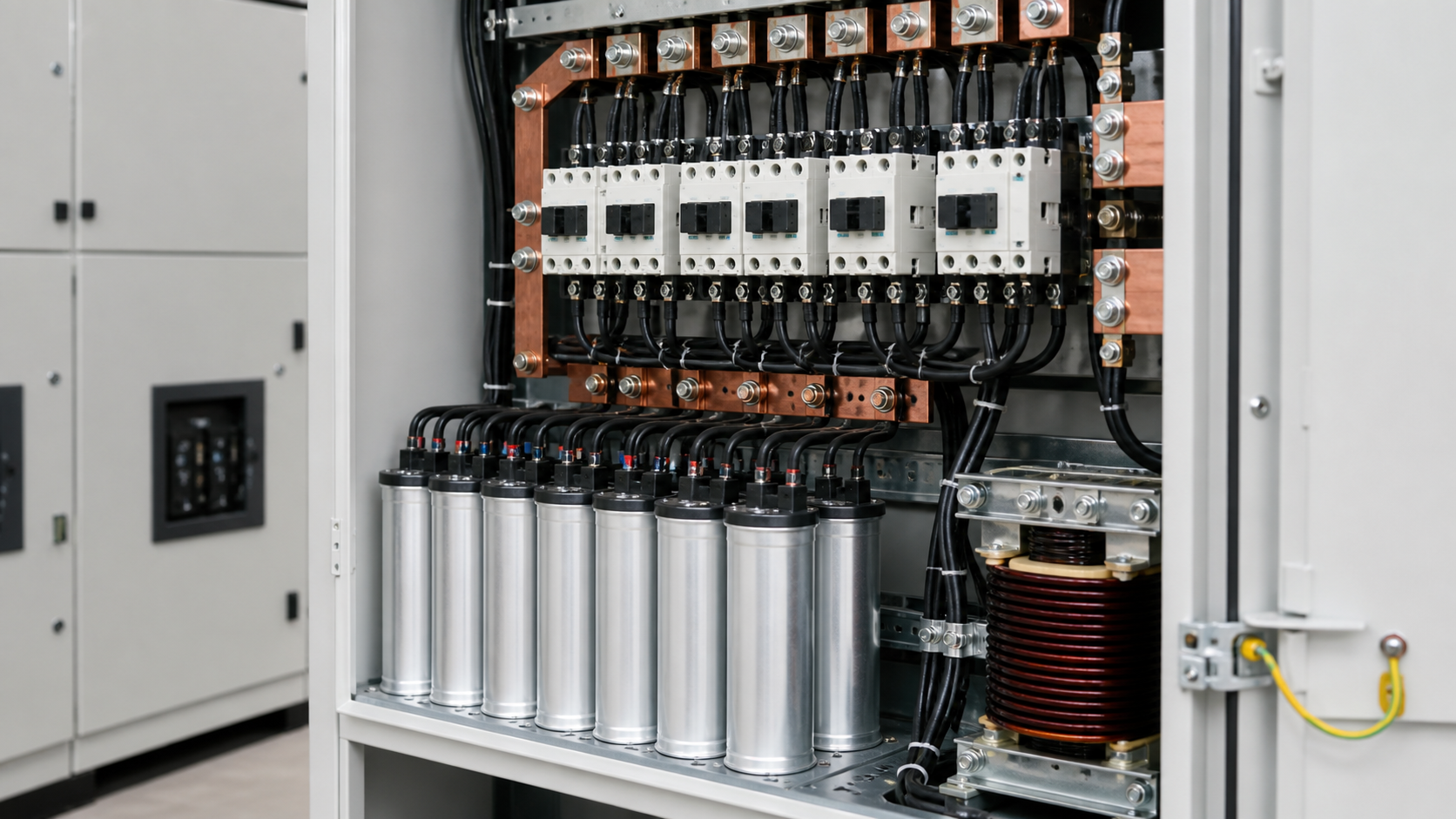 Capacitor stages, contactors and reactor inside an automatic power factor correction cabinet