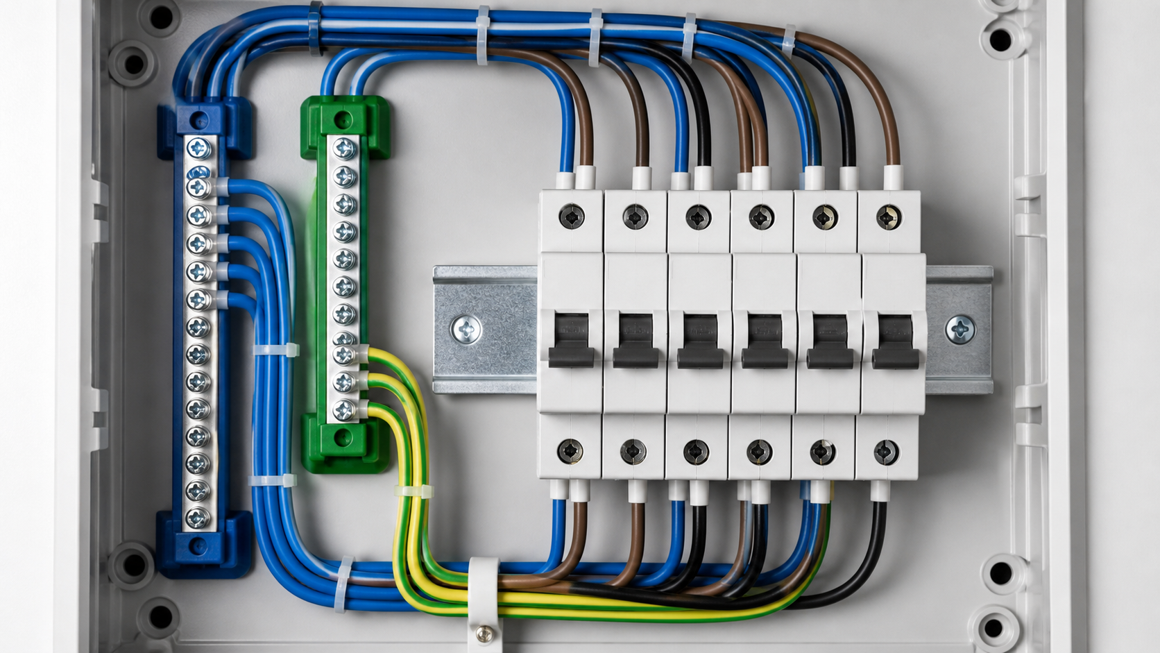 Circuit breaker, neutral bar and protective-earth bar in a low-voltage distribution panel