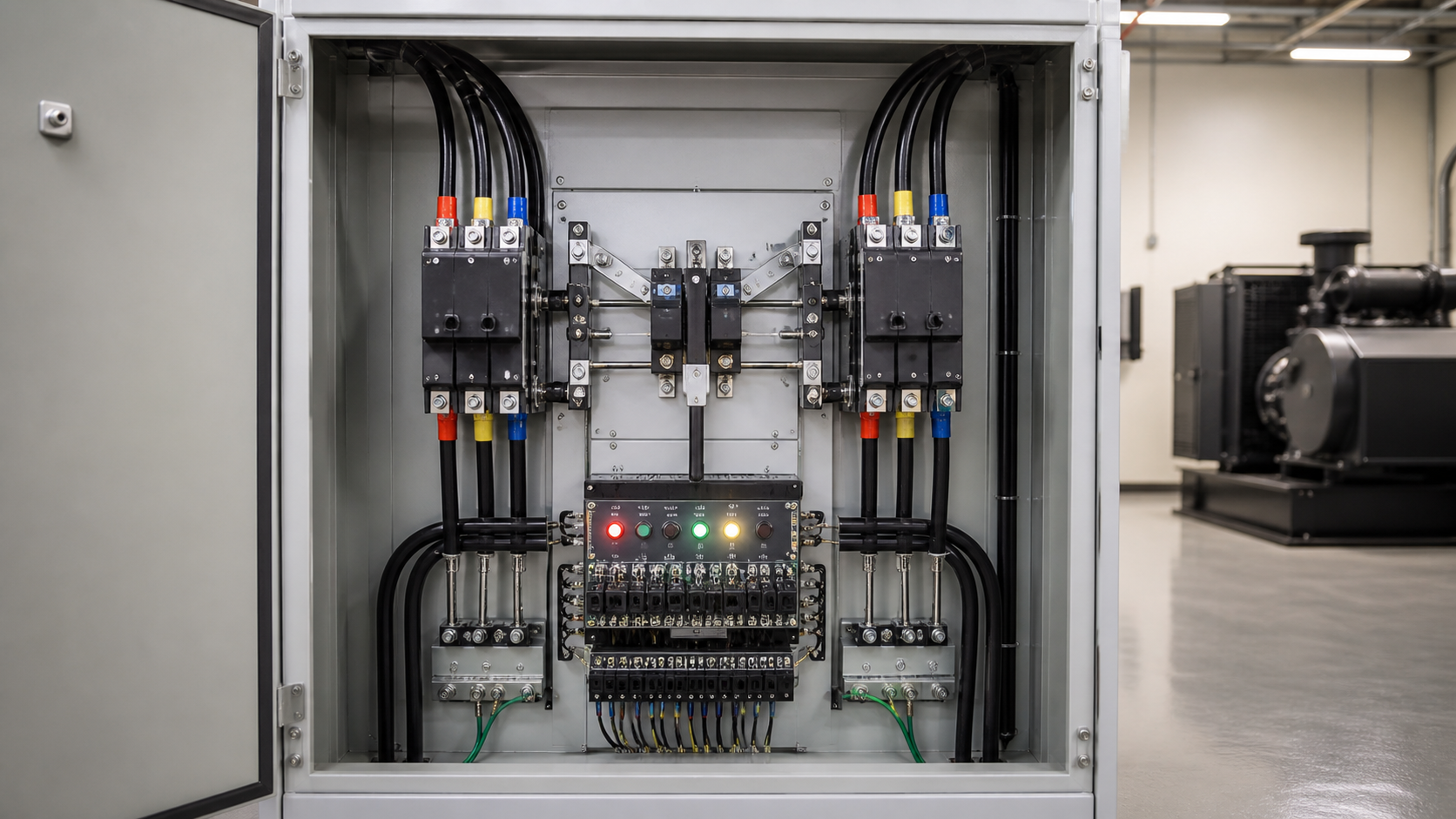 Automatic transfer switch interior with two incoming supply paths