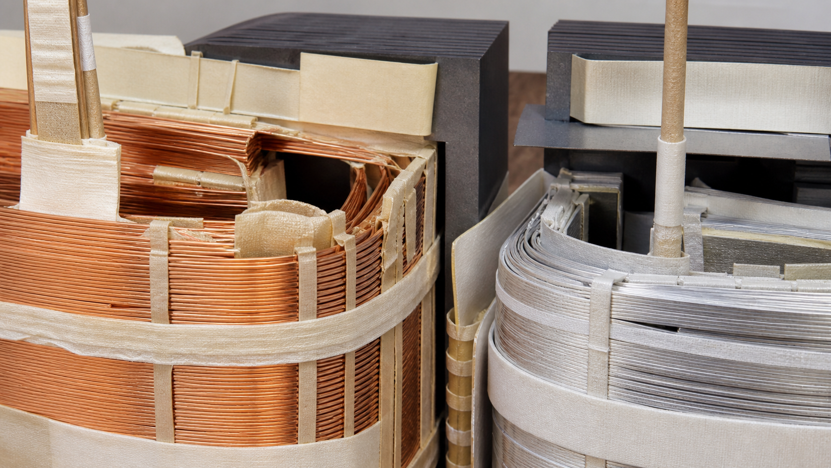 Copper-coloured and aluminium-coloured transformer winding conductors with insulation detail