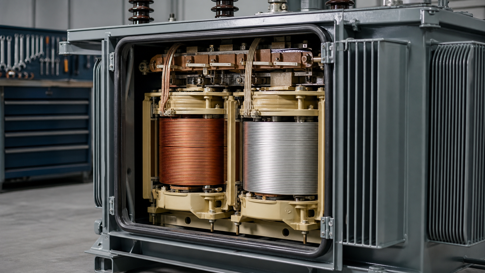Transformer winding assembly showing copper and aluminium conductor materials