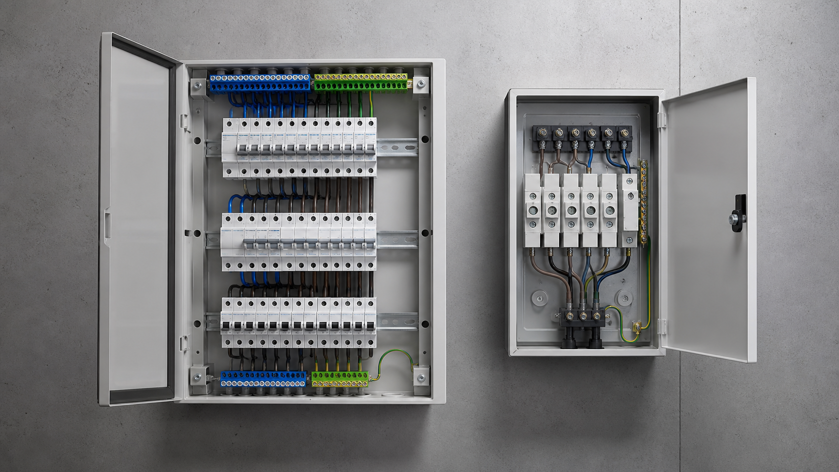 Modern distribution board and fuse-box-style enclosure shown side by side