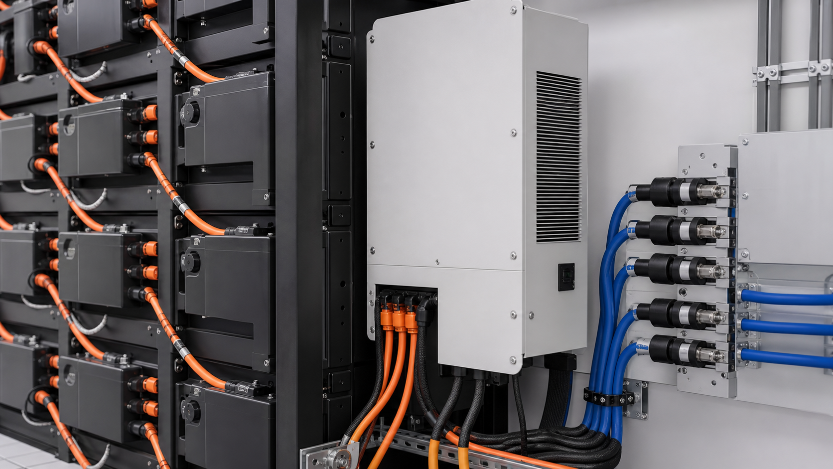 Battery rack and inverter interface with DC and AC cable paths