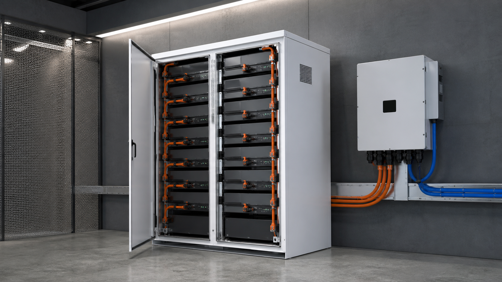Battery energy-storage cabinet connected to a power-conversion interface