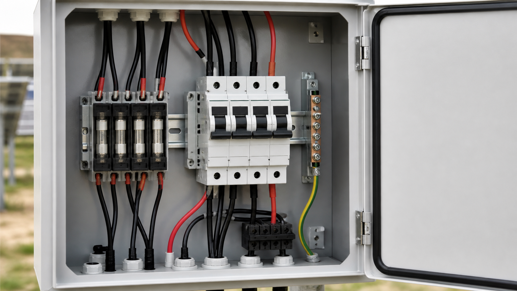 Multi-pole DC circuit breaker inside a PV string protection cabinet