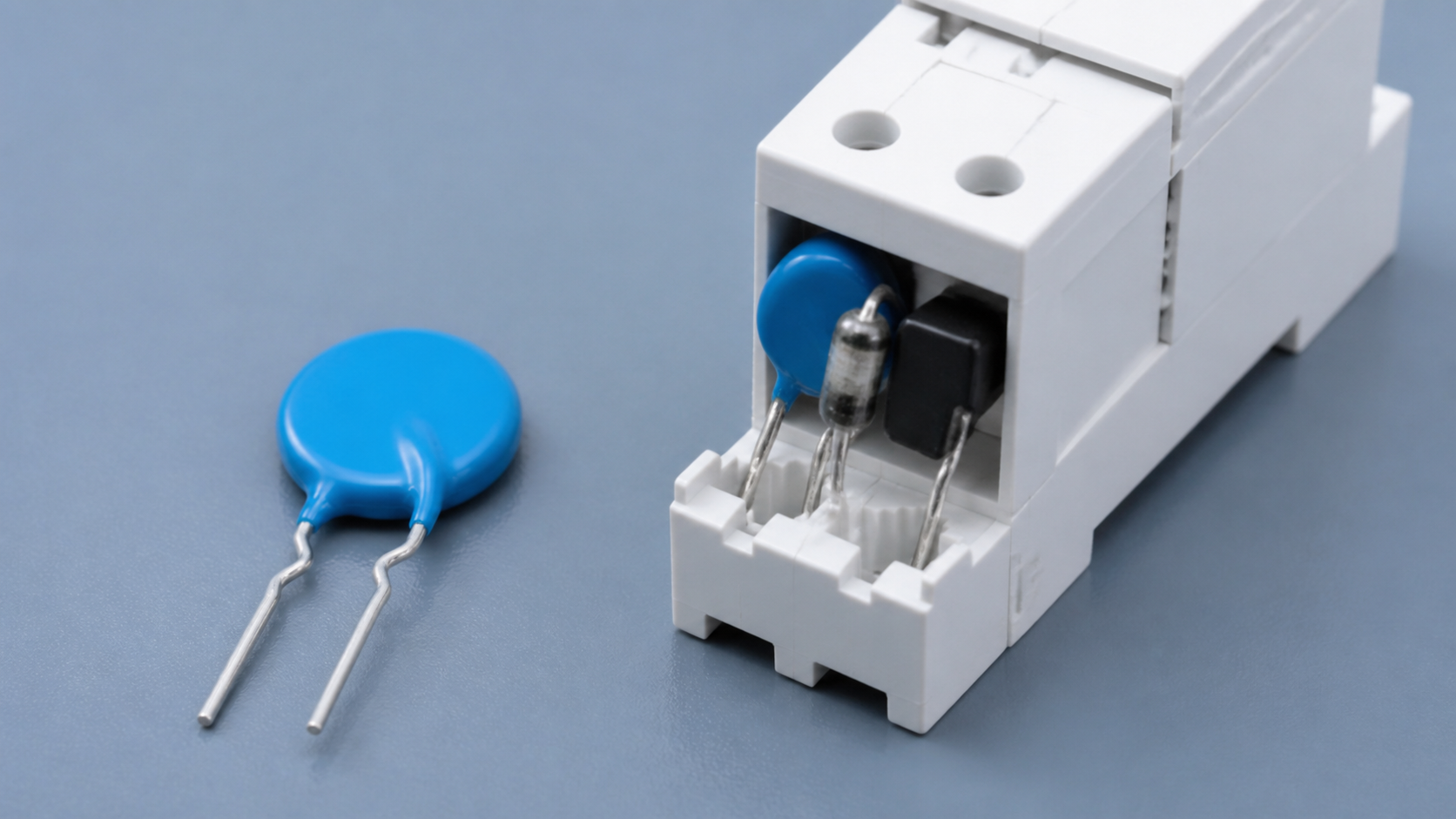 Metal-oxide varistor disc beside a surge-protection module