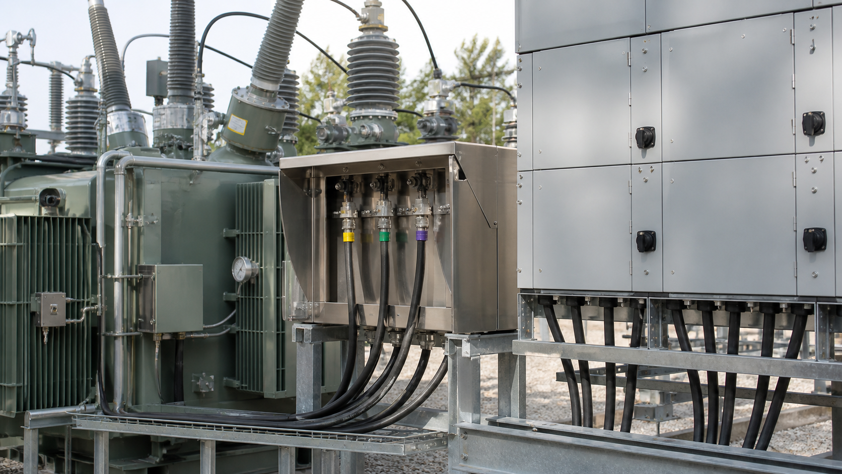 Transformer bushings, cable termination and switchgear interface in a compact substation