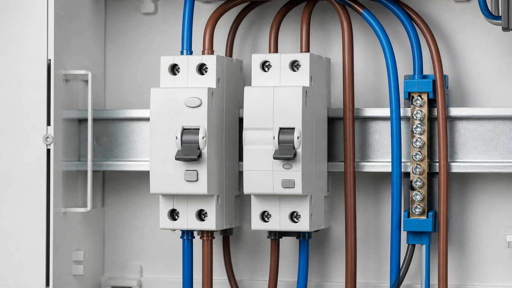 Distinct RCBO-style and AFDD-style devices on a DIN rail with protected circuit conductors