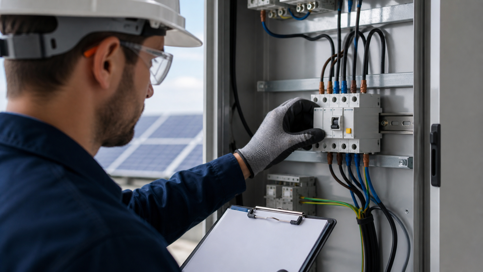 Electrical engineer reviewing a residual-current protection circuit in a PV distribution enclosure