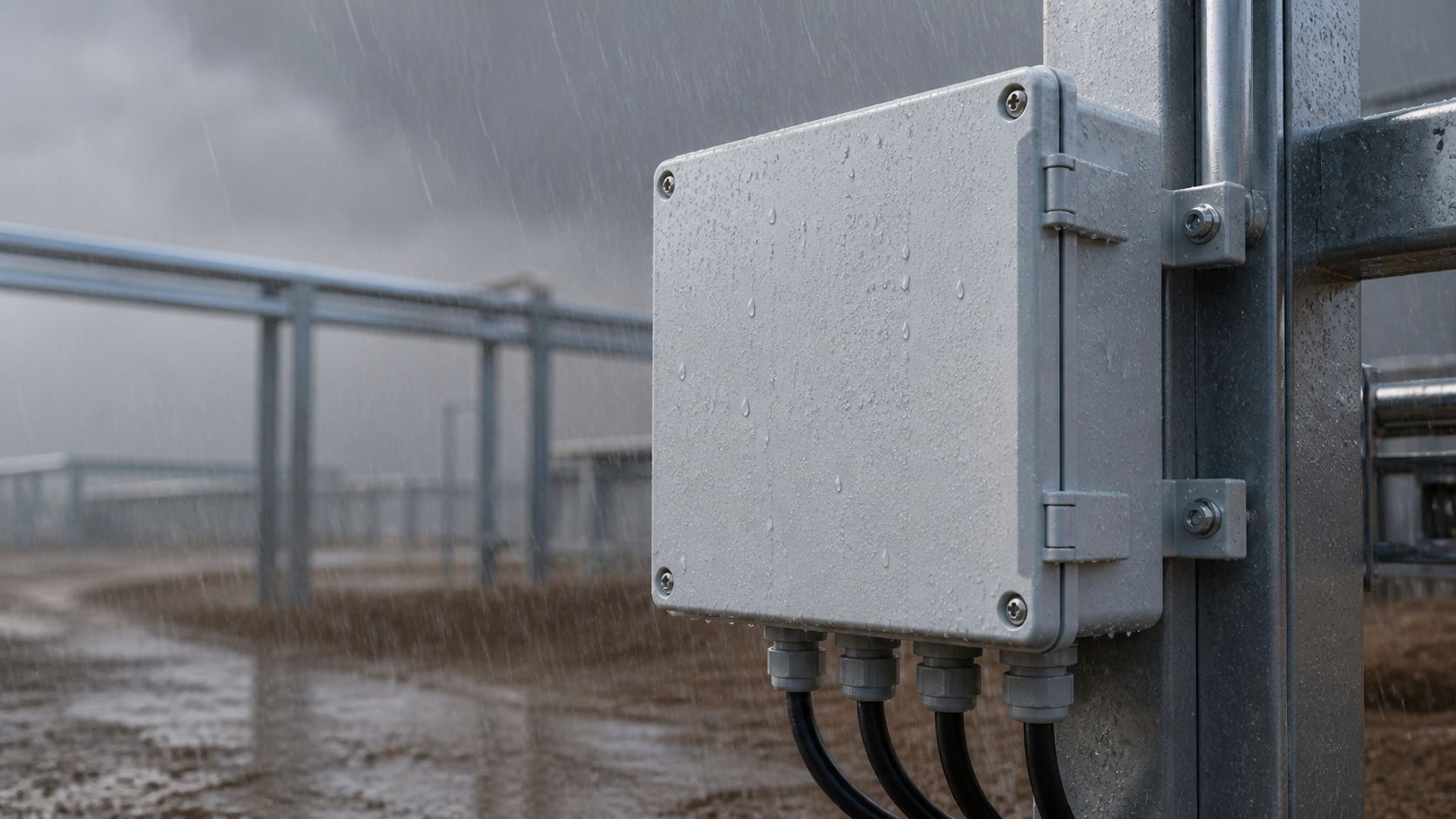 Weatherproof outdoor electrical enclosure under rain and dust exposure