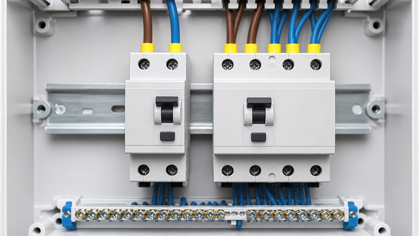 RCBO and RCCB protective-device form factors in a low-voltage enclosure