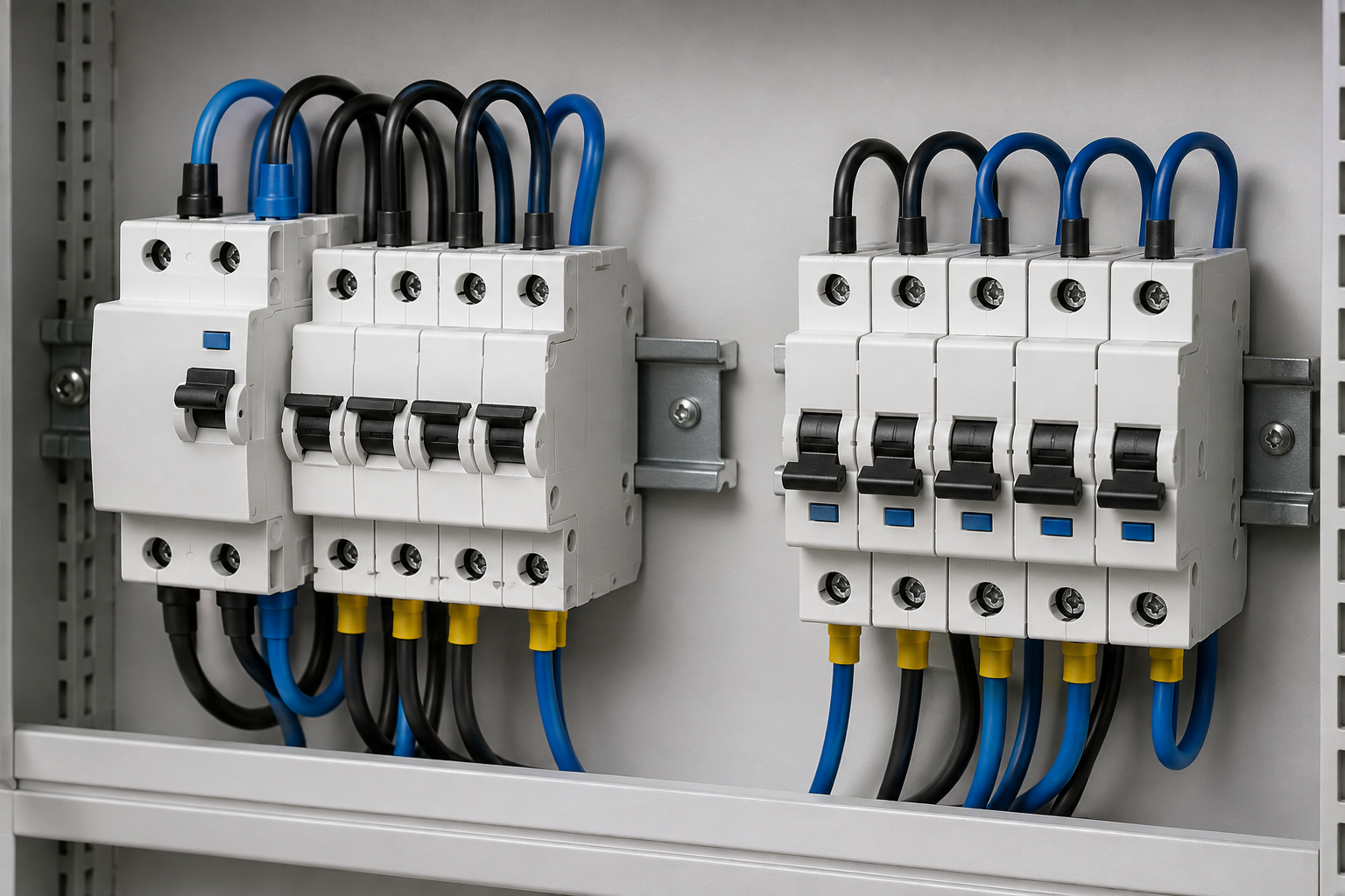 Macro comparison of unbranded RCCB, MCB and RCBO modules on a DIN rail with neutral terminals