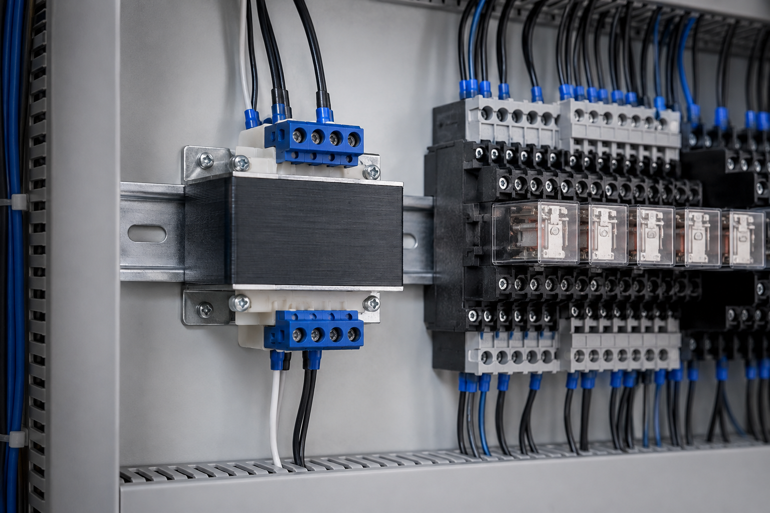 Technical cutaway of a generic control transformer with copper windings and laminated core