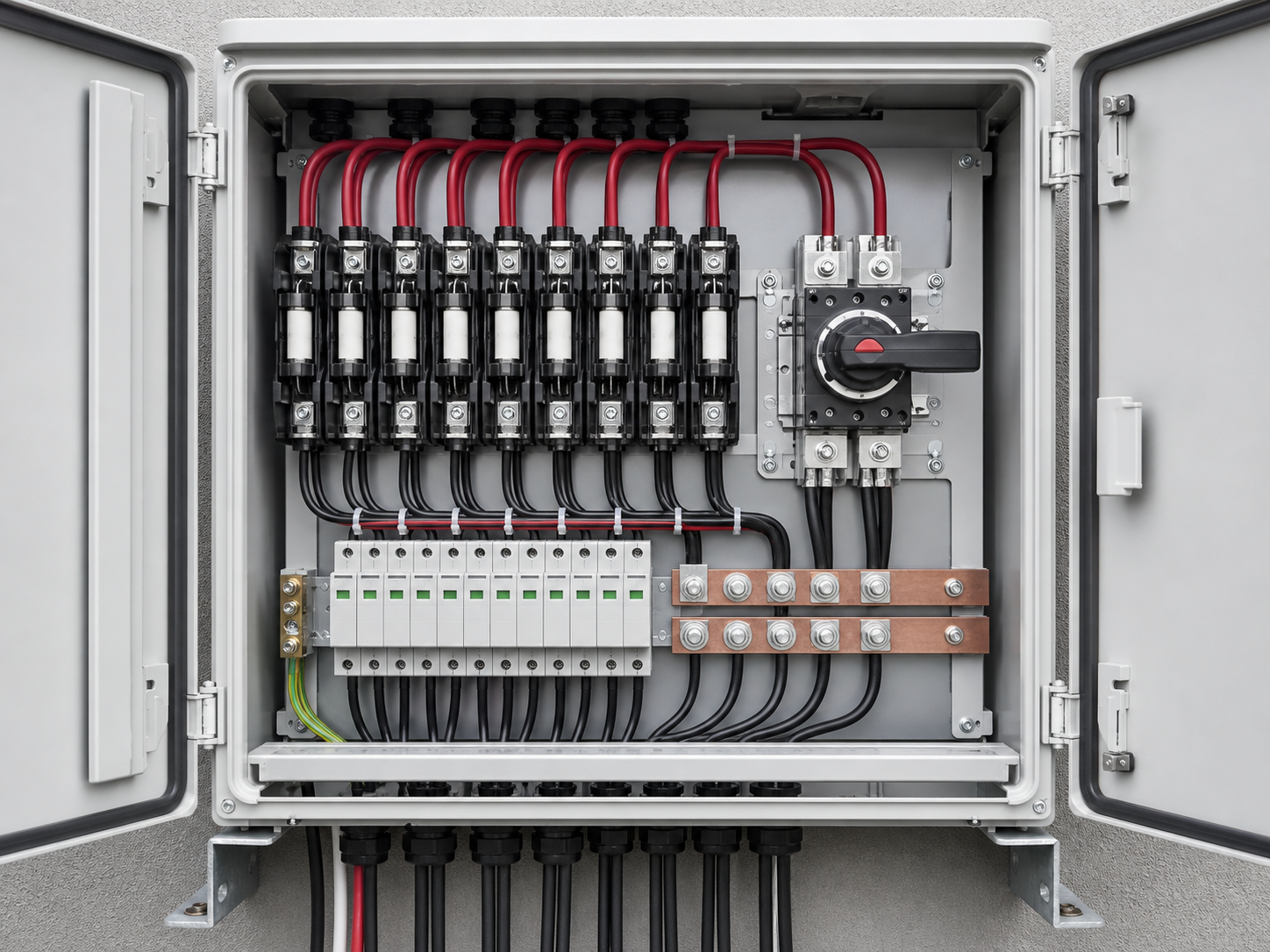 Cutaway view showing key protection and distribution components inside a solar combiner box
