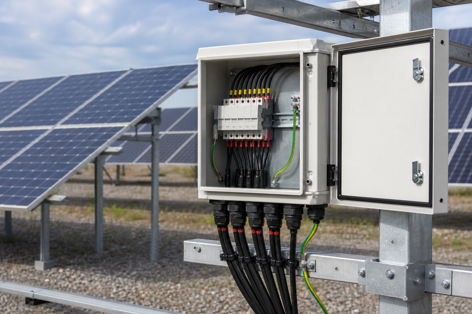 Outdoor solar combiner box installation with sealed cable glands and service clearance