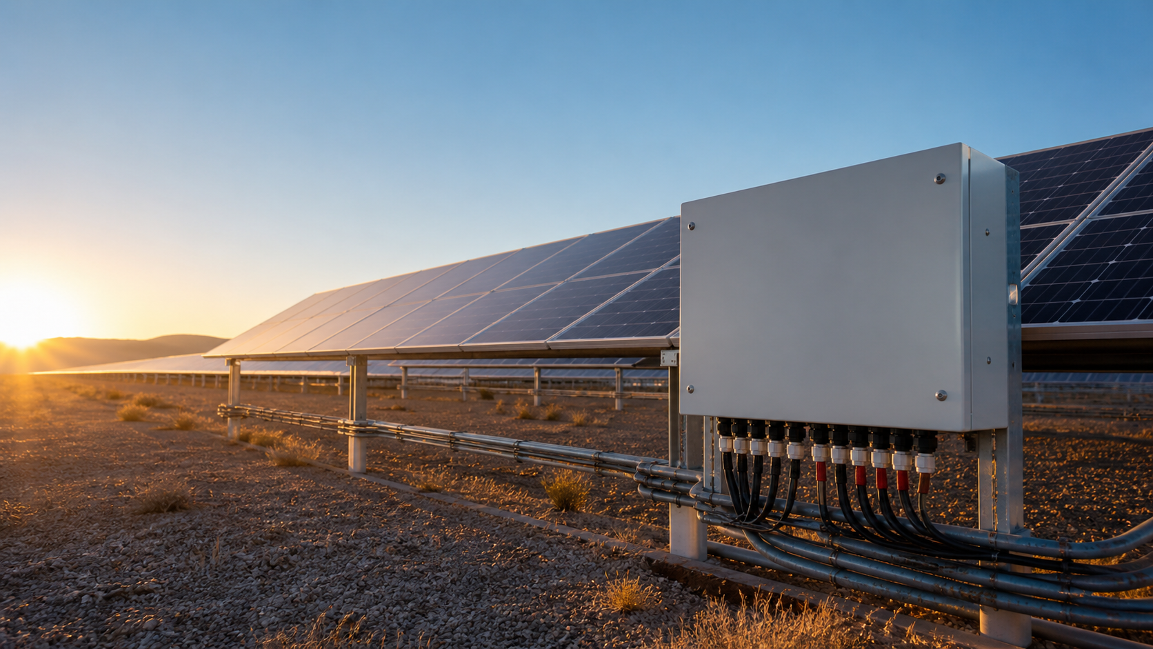 Weatherproof solar combiner box installed beside PV array string wiring