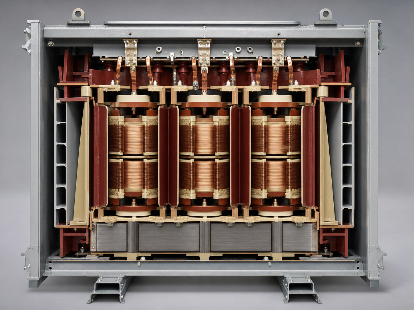 Cutaway of a cast-resin dry-type transformer showing windings, core and insulation