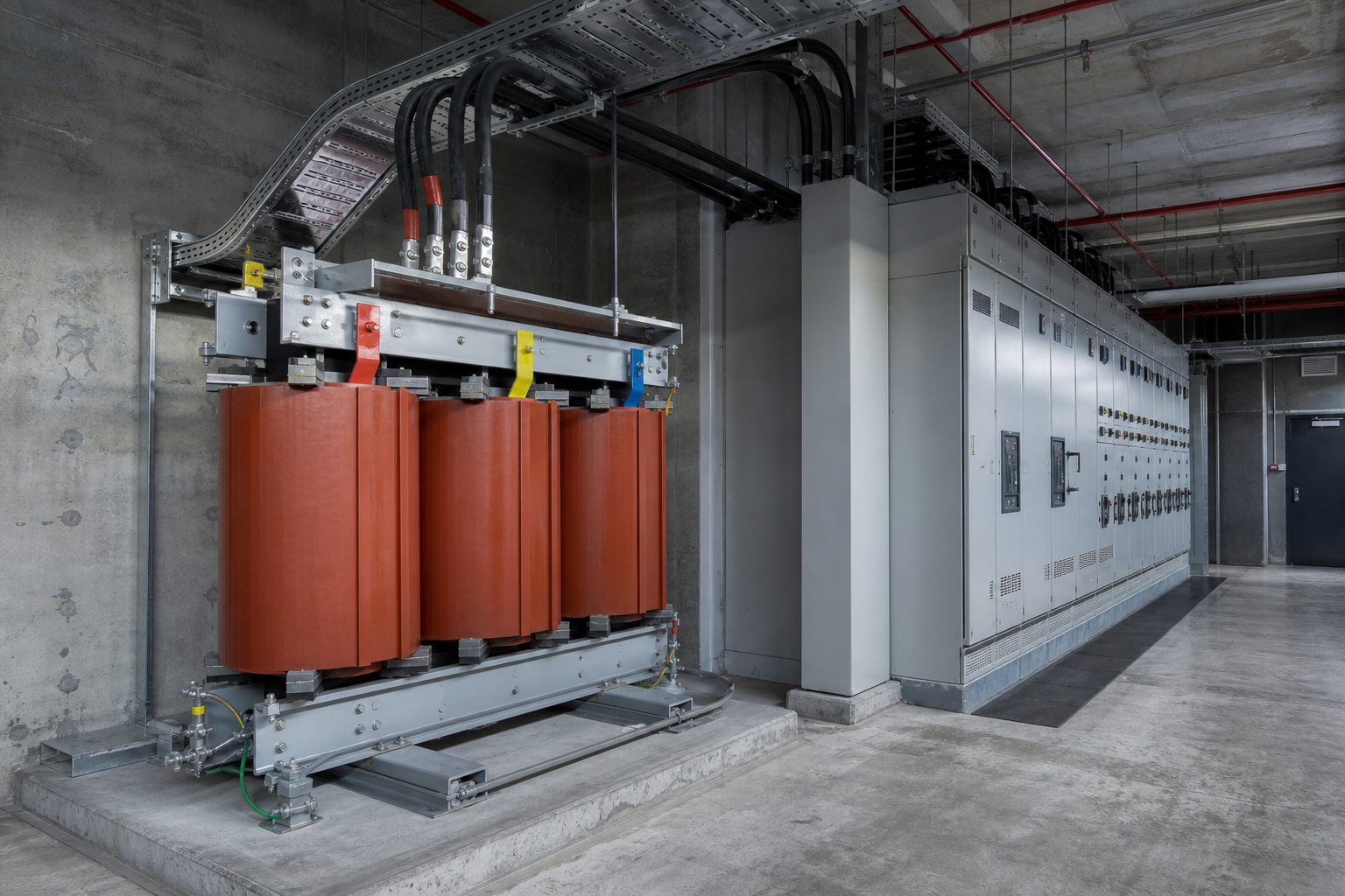 Dry-type transformer feeding low-voltage switchboard through organized cable terminations