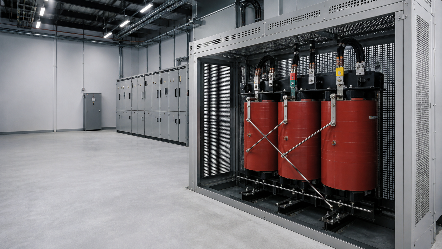 Dry-type distribution transformer positioned in an industrial electrical room