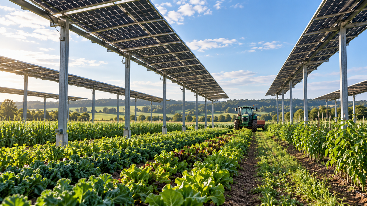 Elevated solar rows above crops with open lanes for farm machinery